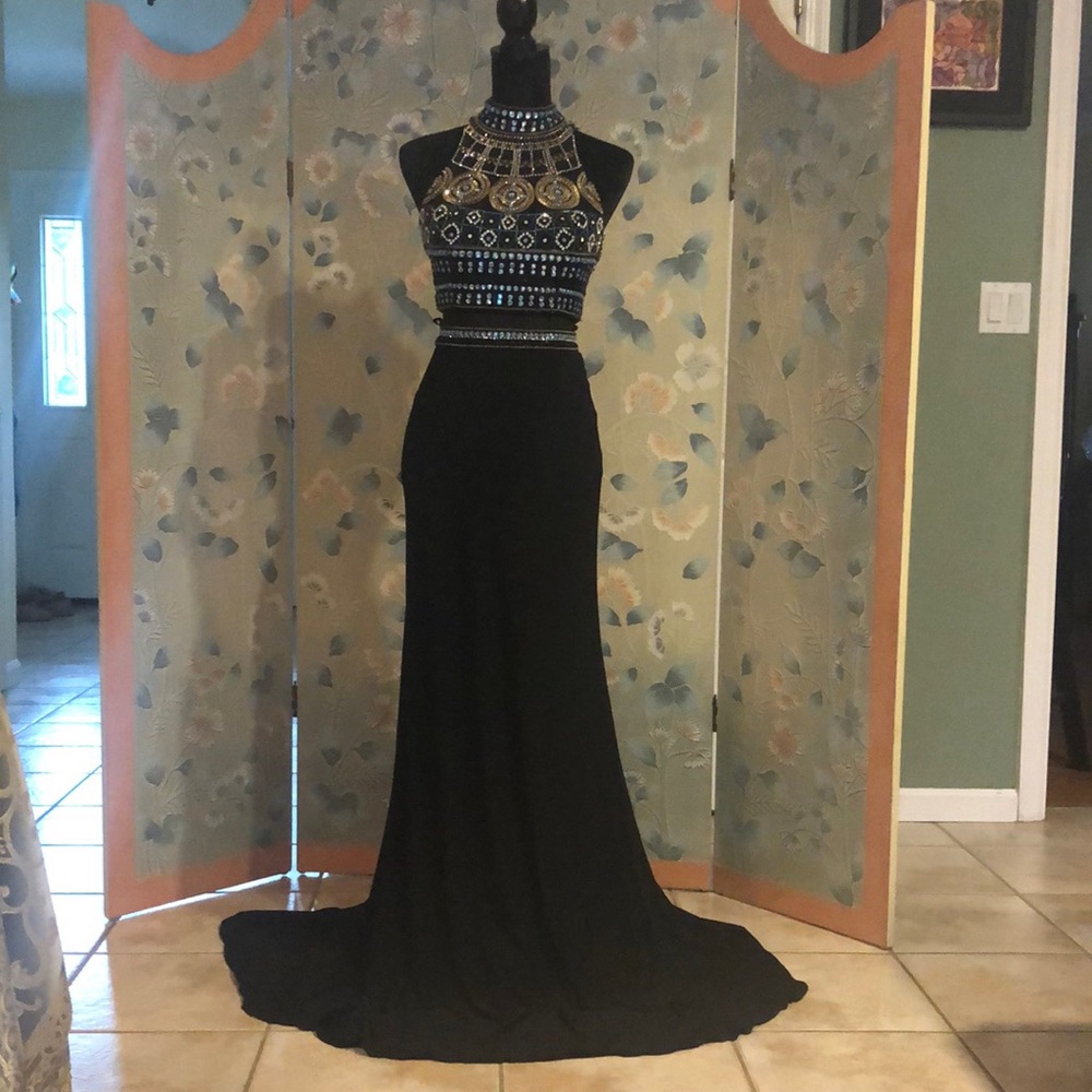 Sherri Hill black two piece beaded halter gown.